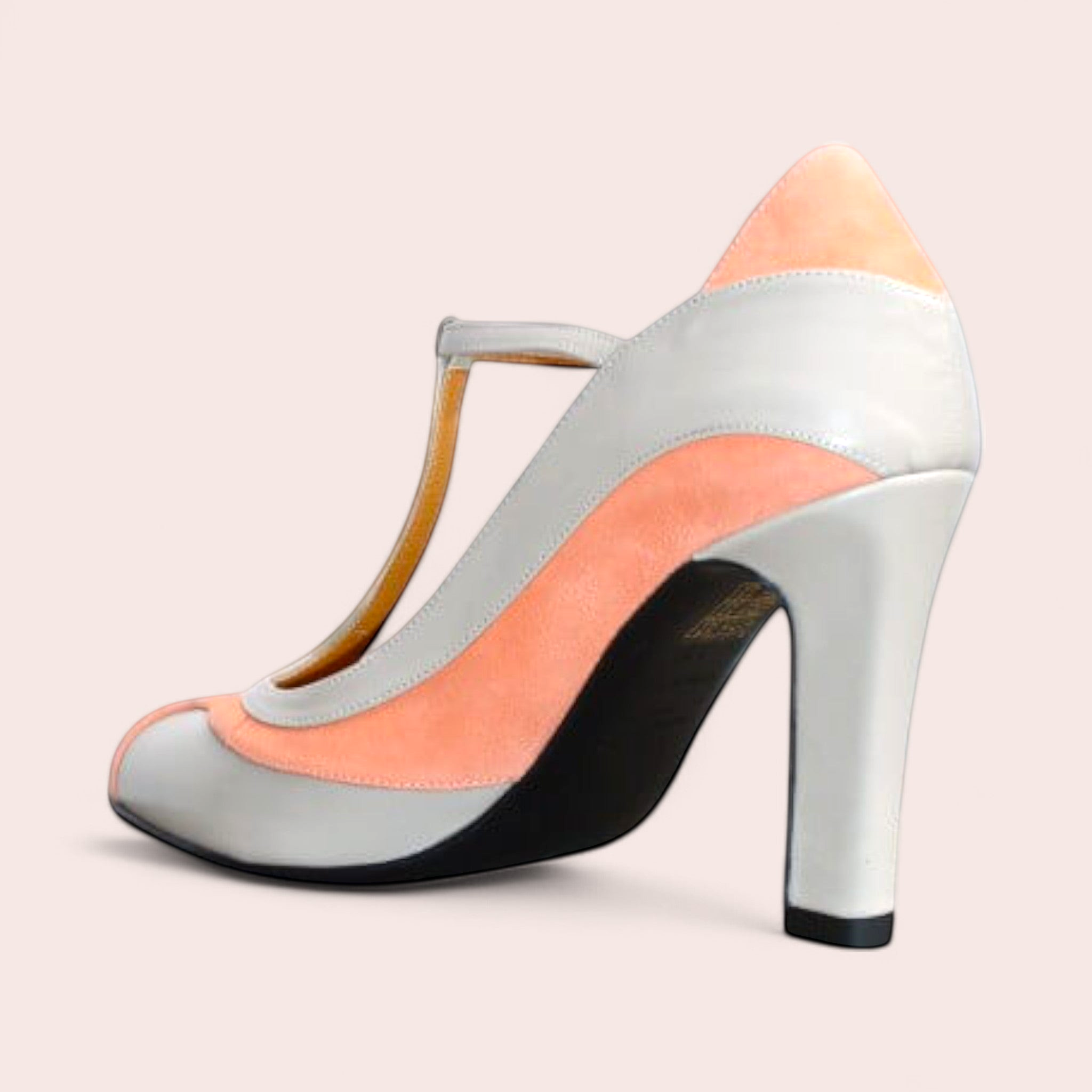 Escarpin Salomé ESME en cuir gris clair et cuir velours saumon avec bride en T et talon haut de 85 mm