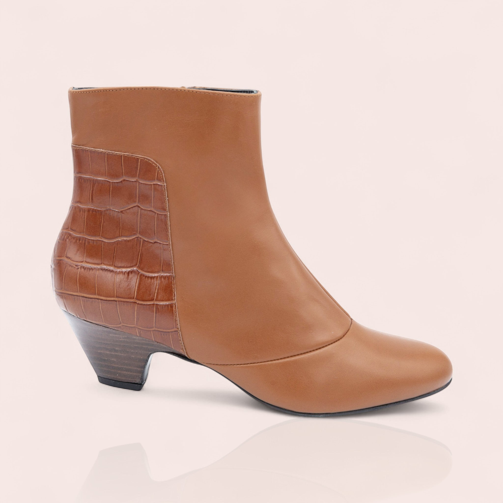 Bottine Purdey Karine Arabian en cuir lisse et cuir gravé croco camel avec talon de 50mm