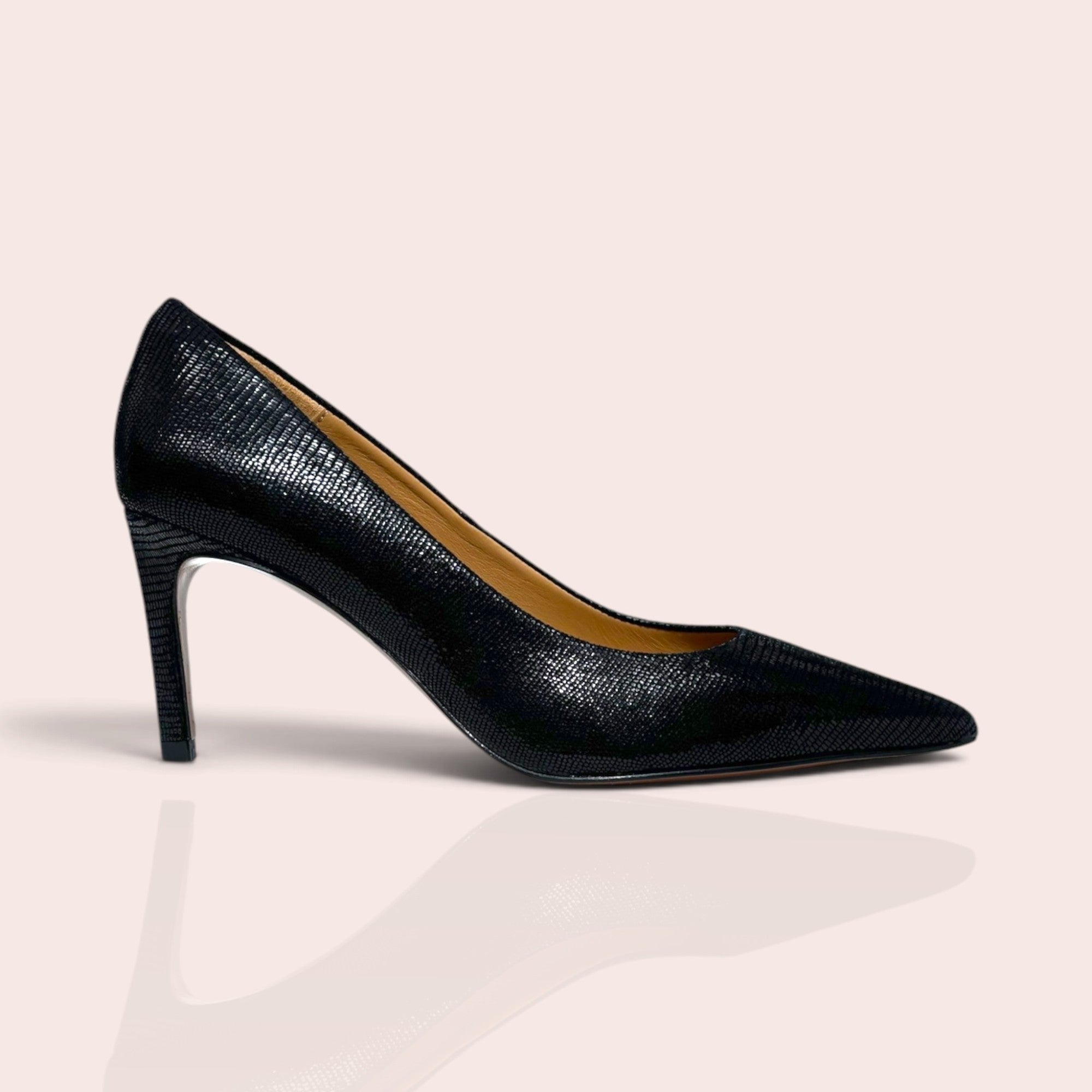Black pointed-toe stiletto pumps with a textured exotic leather finish and a sleek, elegant silhouette.