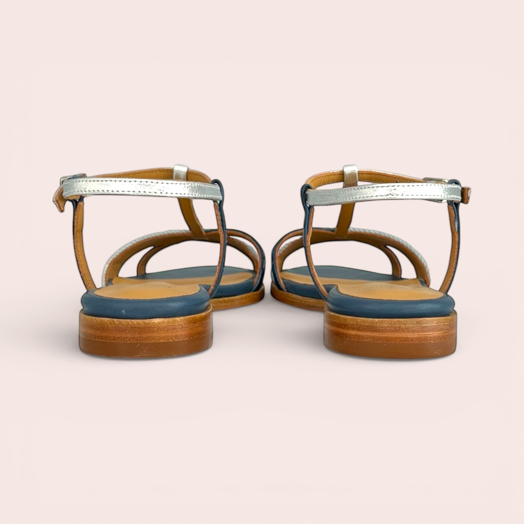 CARLA women's t-strap sandals in navy blue leather with silver metallic straps and a low stacked heel.