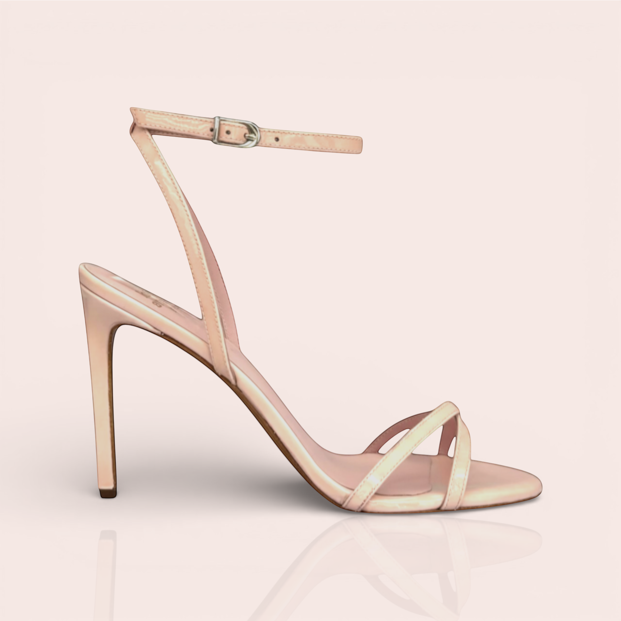 Pale pink patent leather CINDY sandals with thin straps, ankle buckle closure, and stiletto heel.