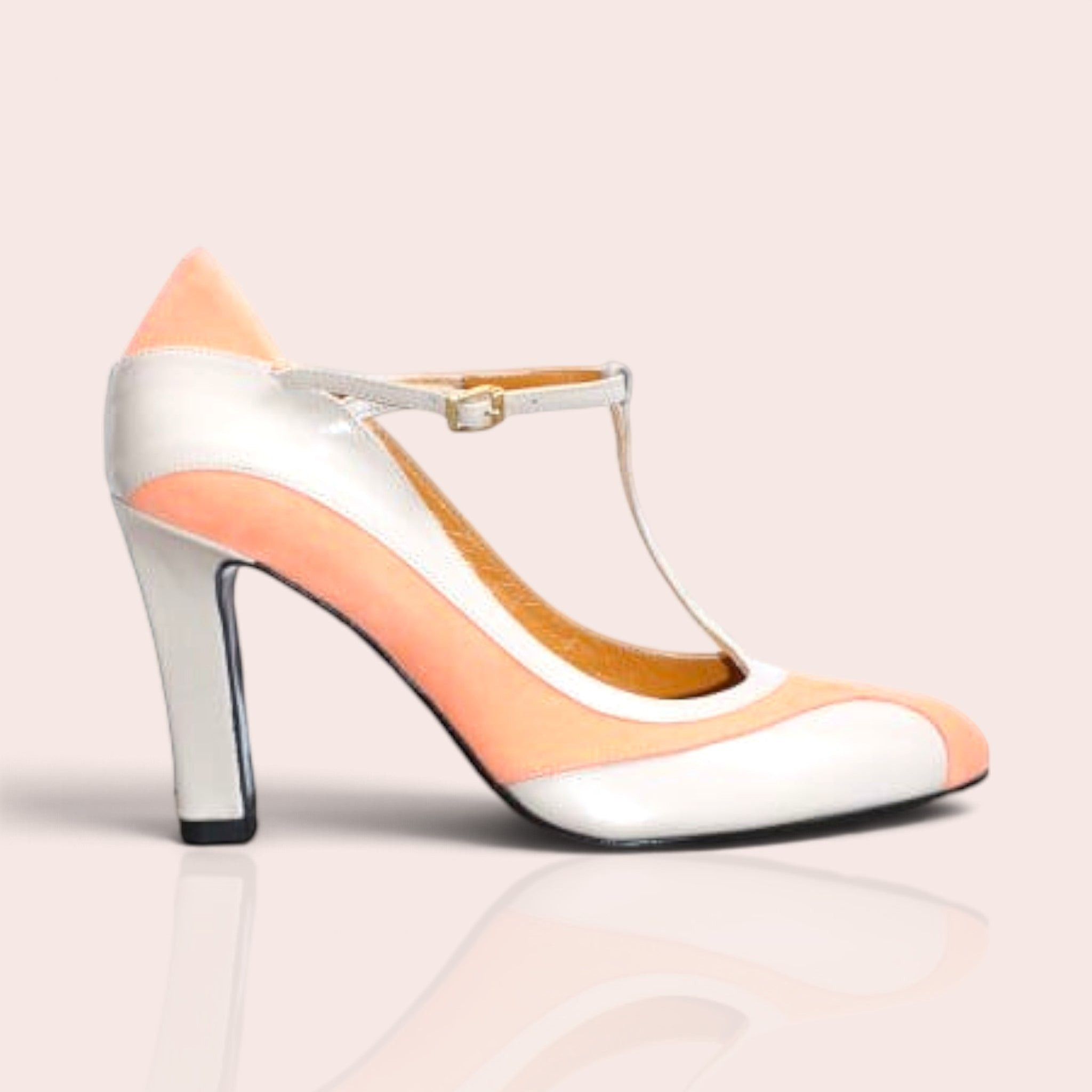 Escarpin Salomé ESME en cuir gris clair et cuir velours saumon avec bride en T et talon de 85 mm