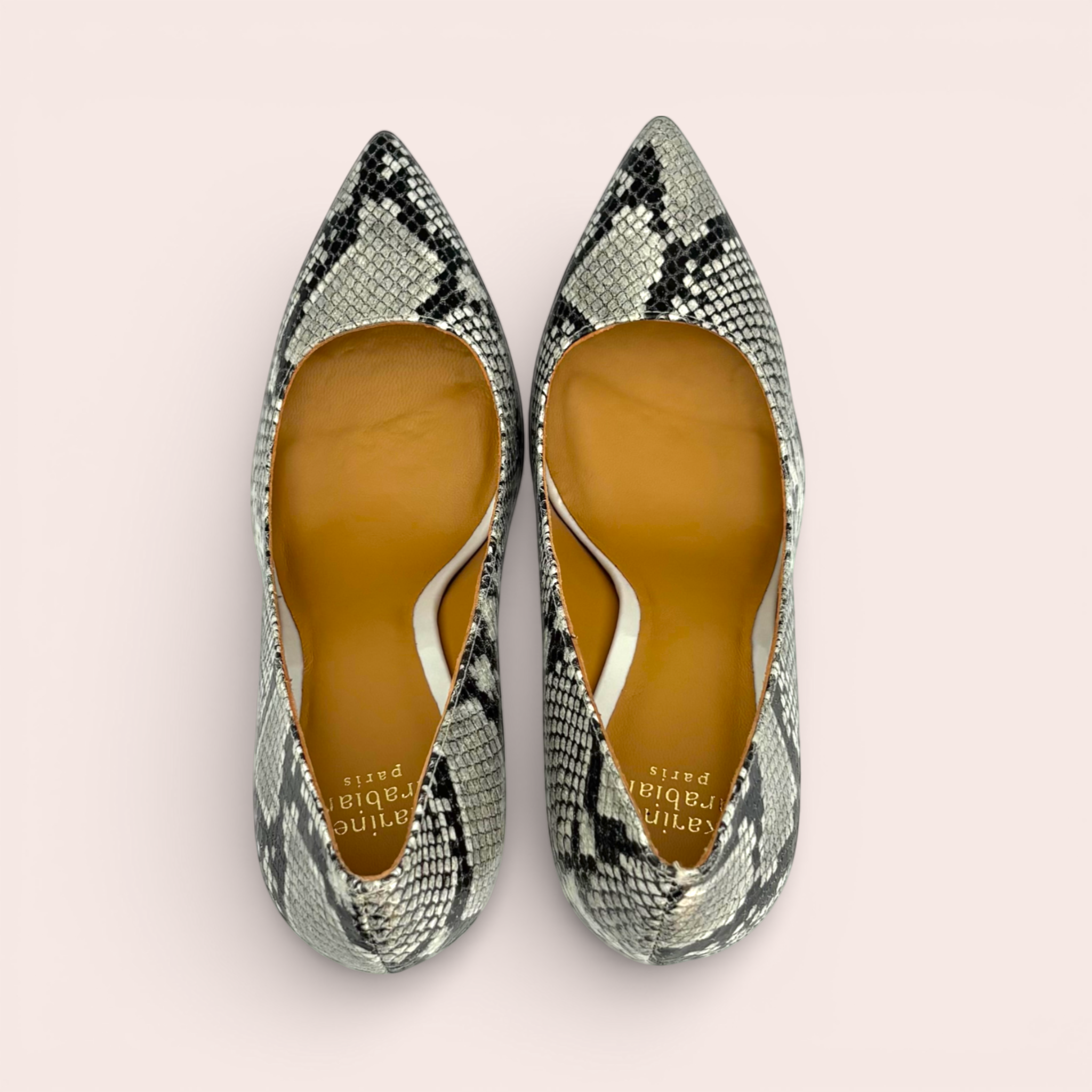 Francesca pointed-toe pumps in grey, black, and white snakeskin print leather with a low-cut vamp and tan leather lining.