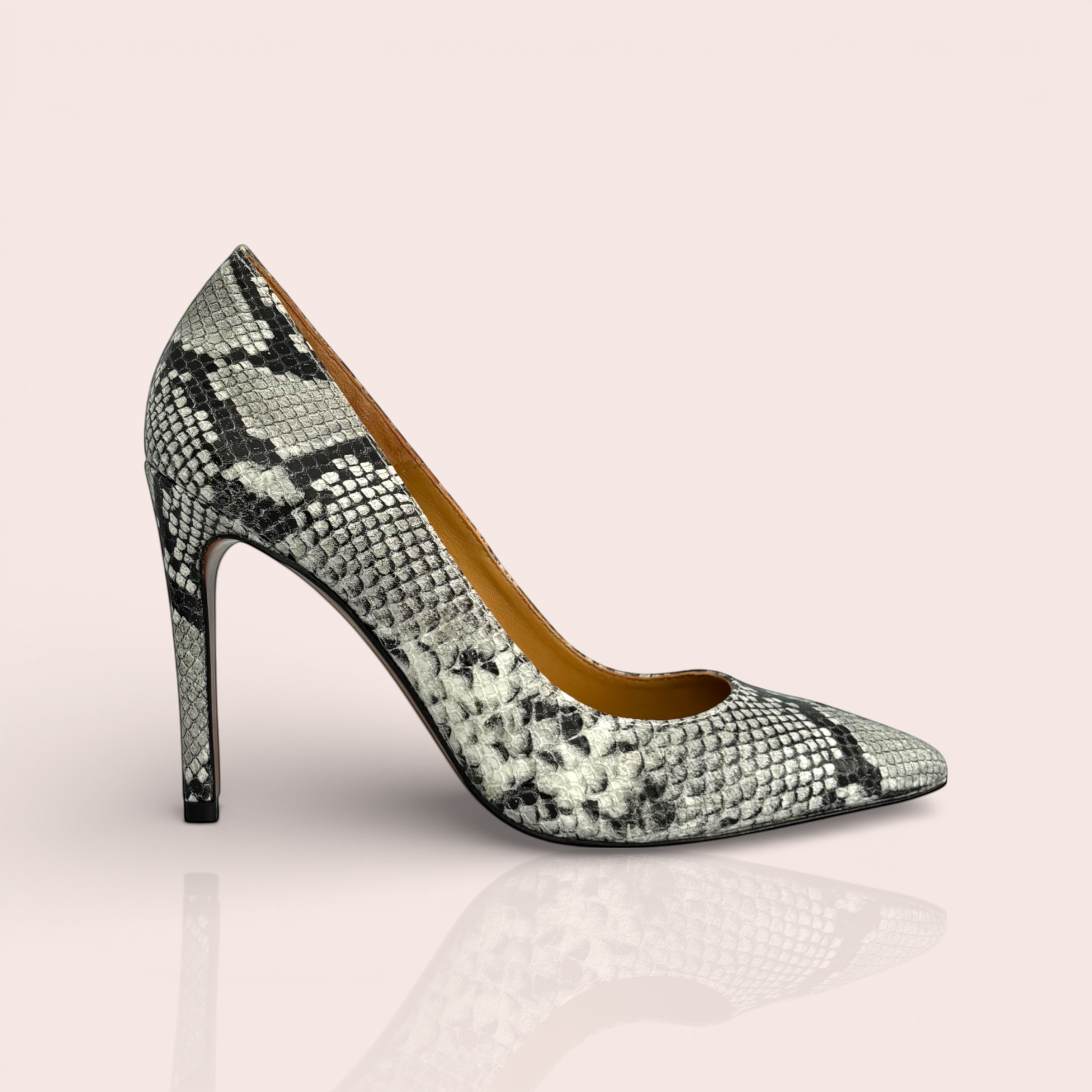 Black and white snakeskin print leather pointed-toe stiletto heel pump