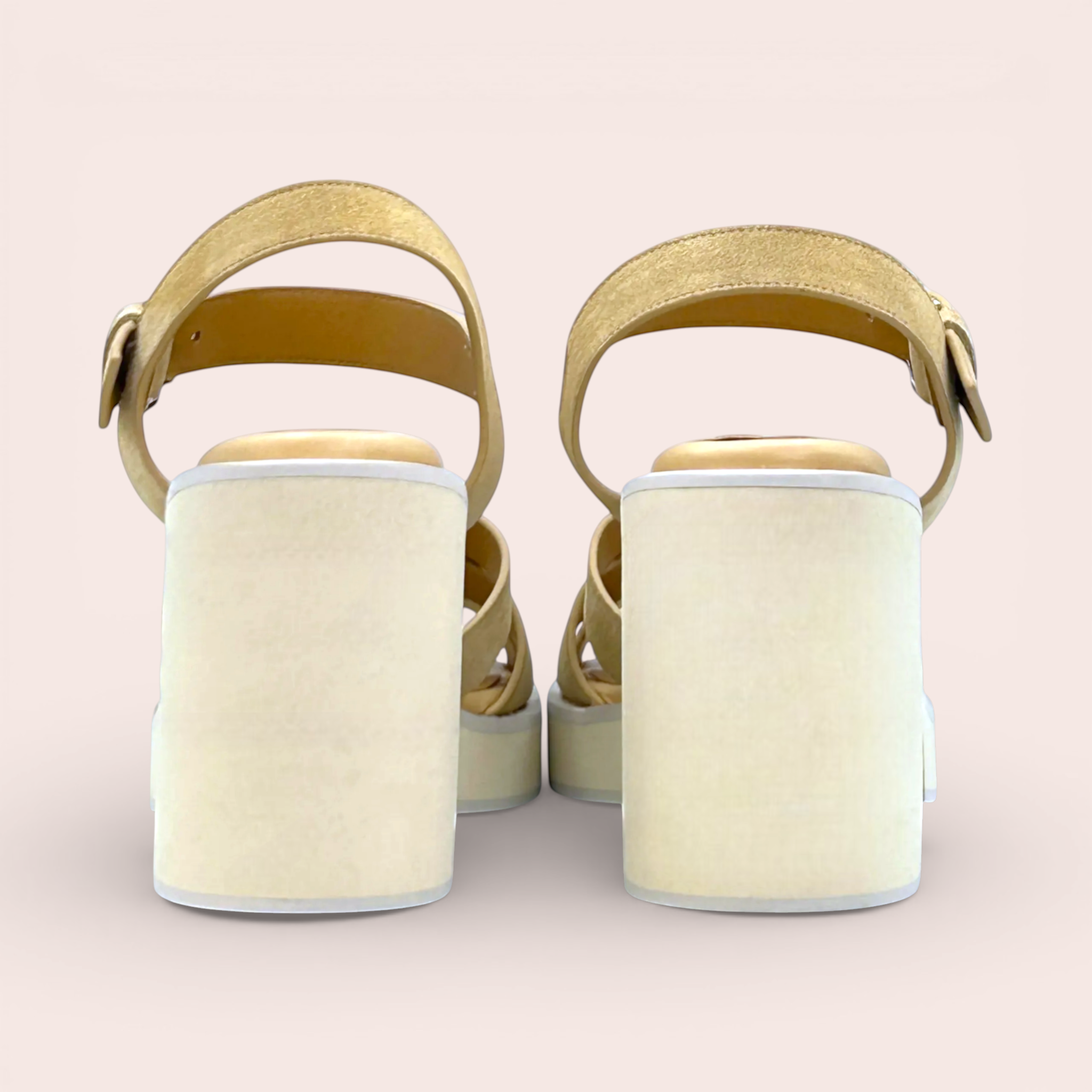 Beige suede leather platform sandals with interwoven straps and an 85mm block heel. Iconic Karine Arabian Havana design.