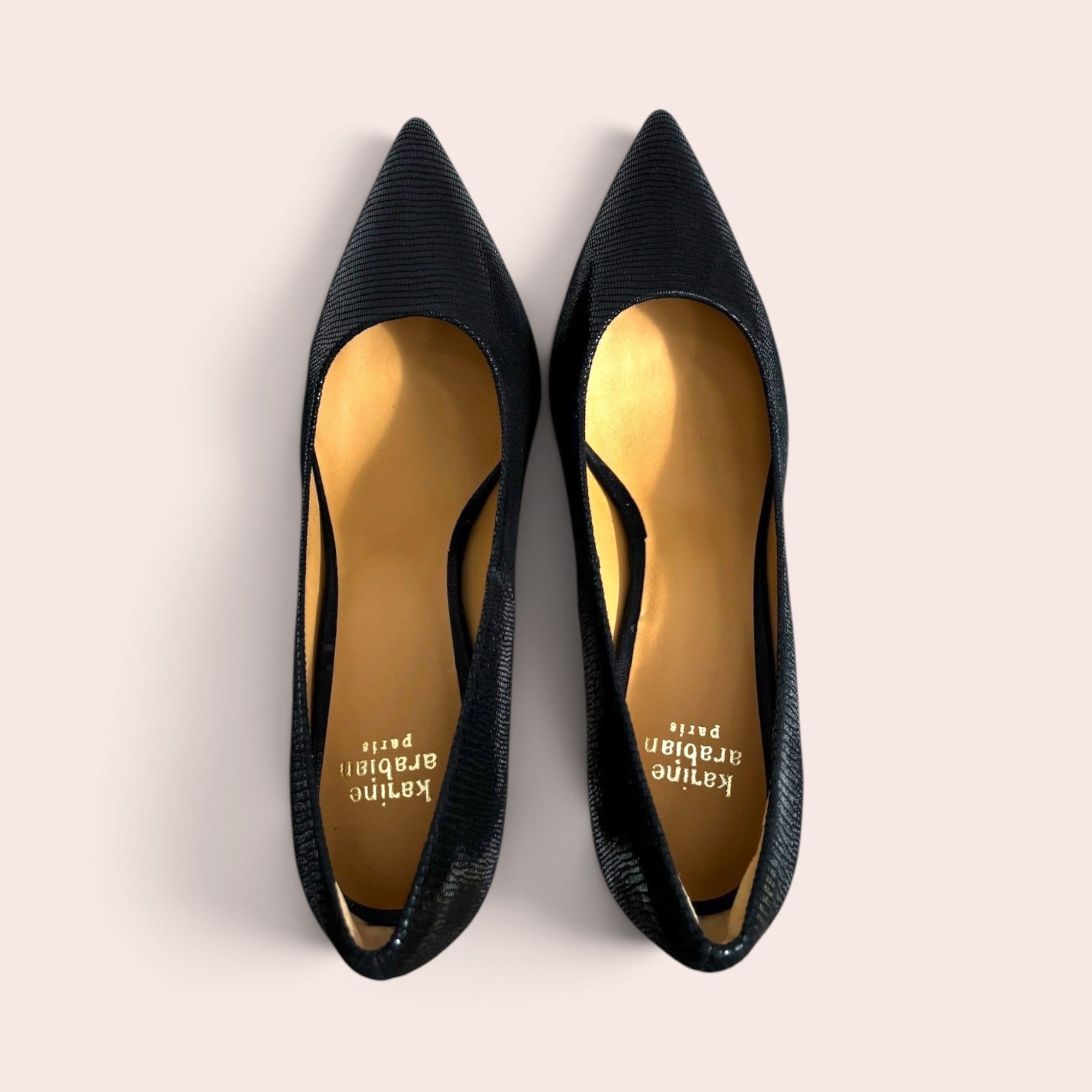 Top-down view of black Karine Arabian pointed-toe stiletto pumps with a textured exotic leather finish.