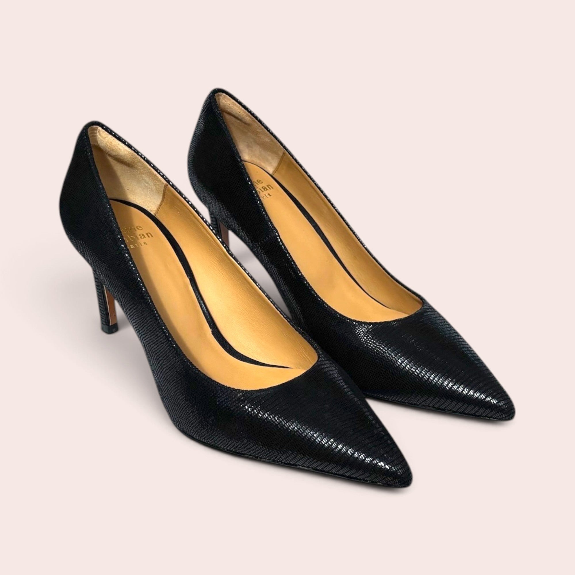 Karine Arabian black pointed-toe stiletto pumps with a textured exotic leather finish and tan interior lining.
