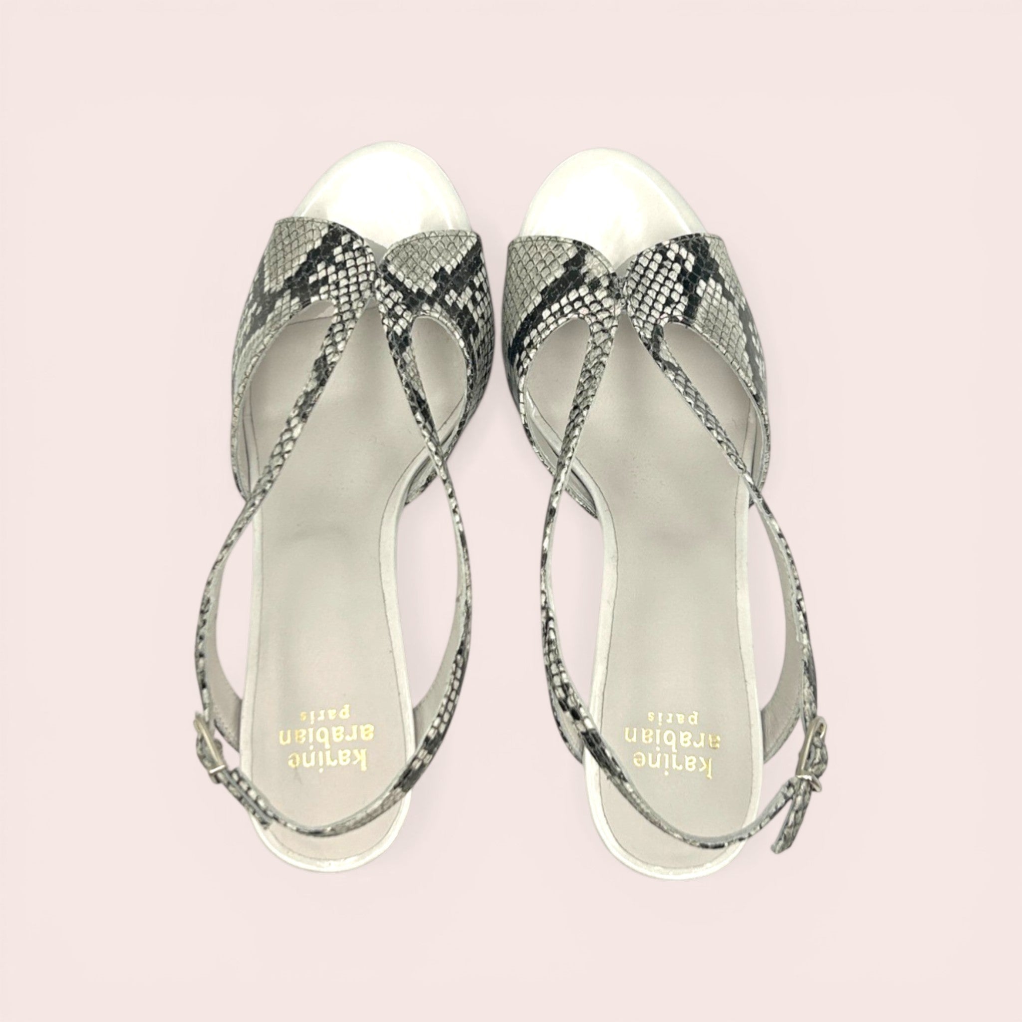 YELENA sandals in taupe, white, and black python print leather with a pale pink patent leather ankle strap and a 65mm stiletto heel.