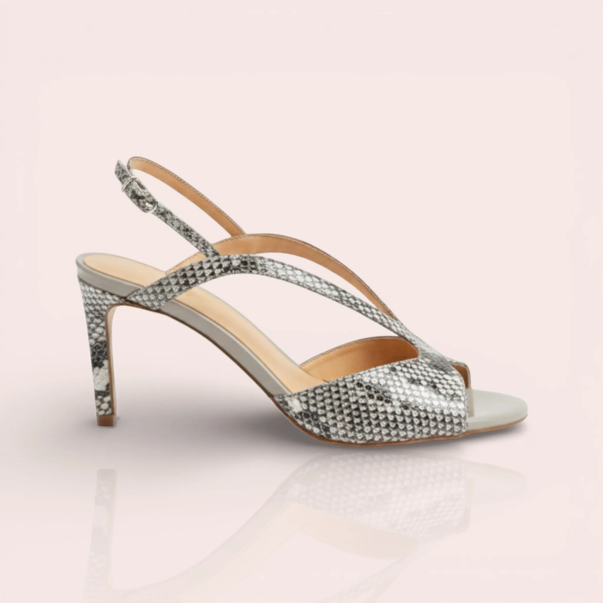 Grey and black snakeskin print slingback heels with a pointed toe and thin straps.